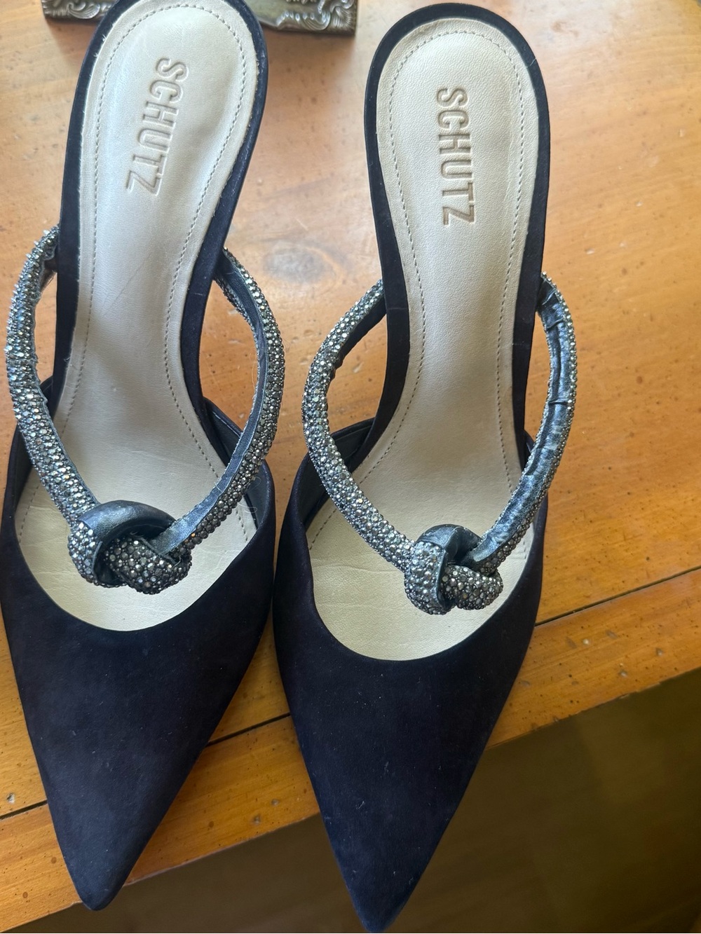 SCHUTZ Black Pointed-Toe Mules with Crystal Knot Strap
